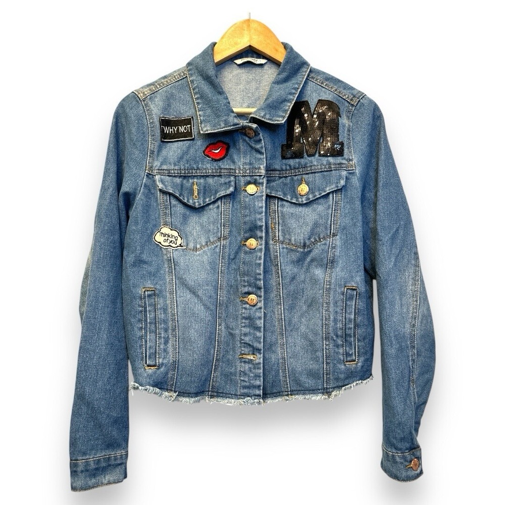 Highway Jeans Womens L‎ Cropped Denim Jacket Patches Sequin M Raw Hem VD7901HJMJ